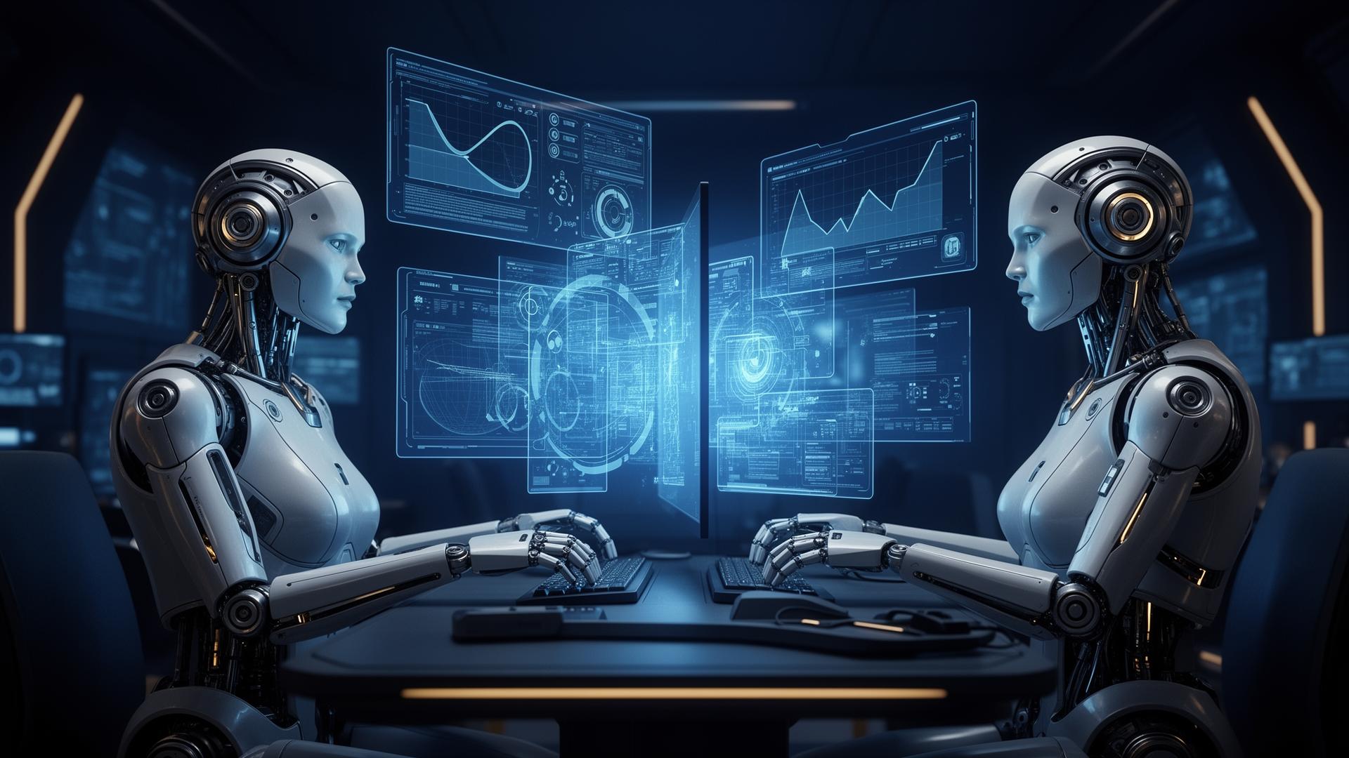 Two AI robots working at a holographic command center screen